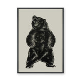Roaring Bear Vintage Wall Art – Black Ink Illustration on Beige