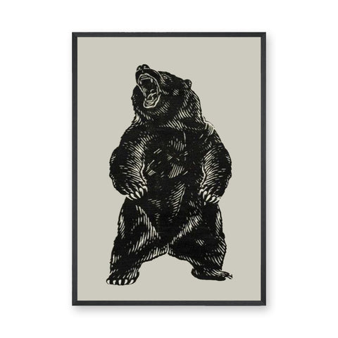 Roaring Bear Vintage Wall Art – Black Ink Illustration on Beige