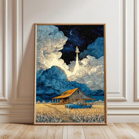 Rocket Launch Over Farmhouse Aesthetic Wall Print Décor Poster Print