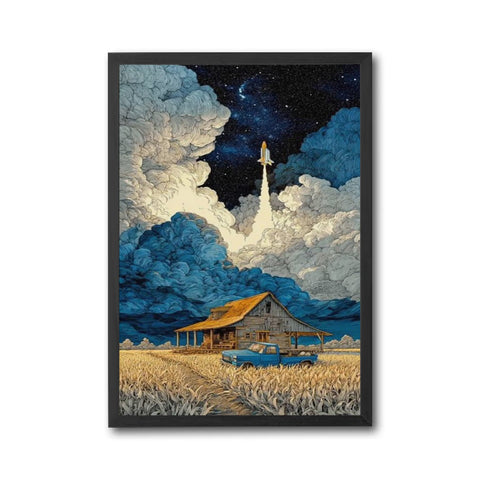 Rocket Launch Over Farmhouse Aesthetic Wall Print Décor Poster Print