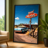 Route Motel Vintage Wall Art – Classic Car Desert Travel Print