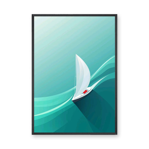 Sailboat Coastal Minimalist Wall Art – Teal Aqua Ocean Waves