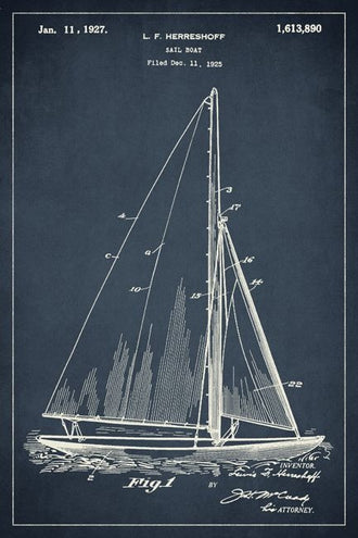 Sailboat Patent Blueprint Vintage Wall Art – Navy Fig. 1 Coastal Line Art