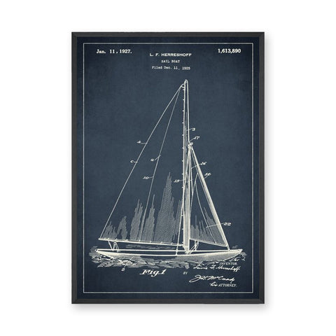 Sailboat Patent Blueprint Vintage Wall Art – Navy Fig. 1 Coastal Line Art