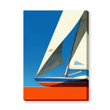 Sailboat Retro Coastal Wall Art – White Sails on Bright Blue Sky