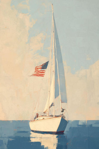Sailboat Vintage Coastal Wall Art – American Flag Seascape Print
