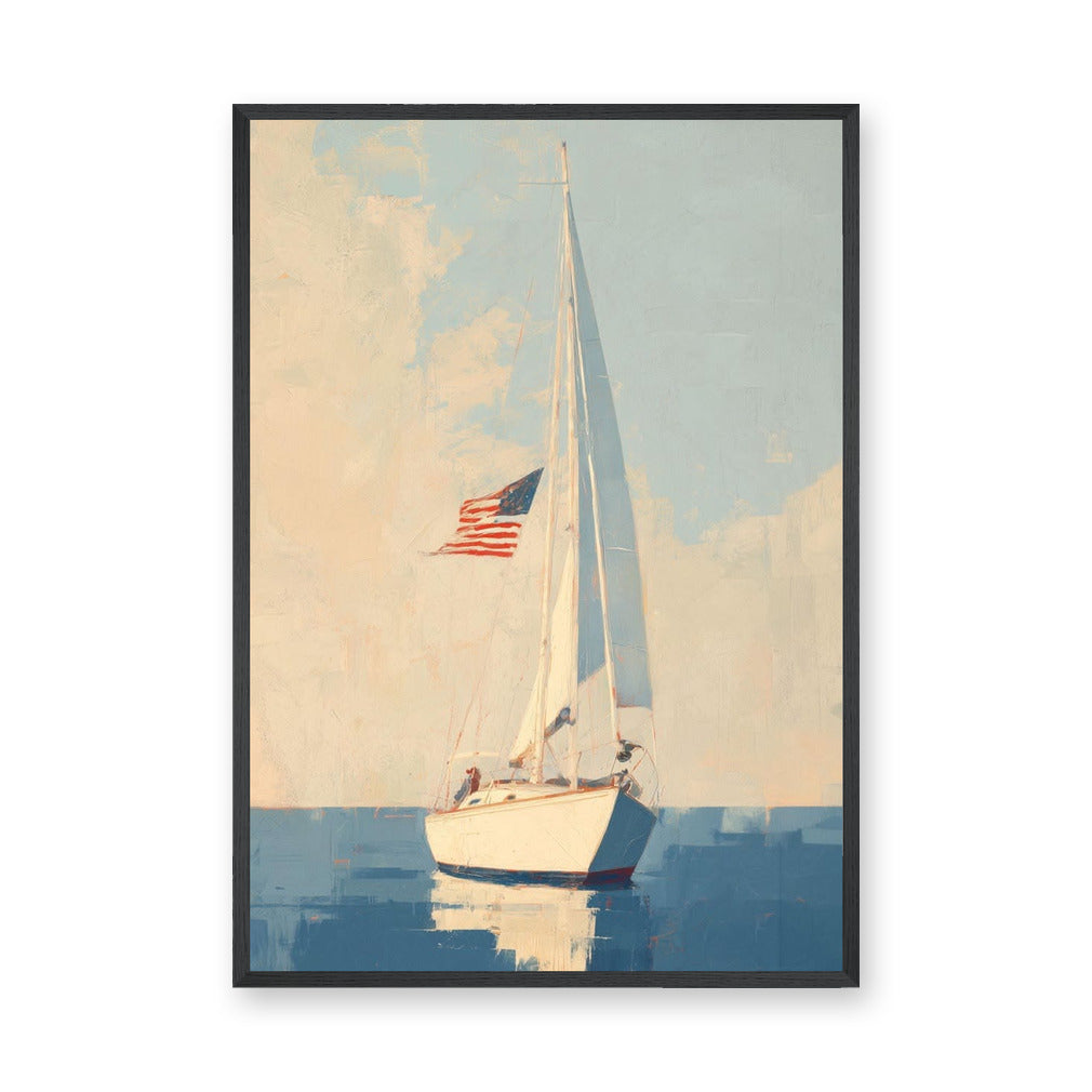 Sailboat Vintage Coastal Wall Art – American Flag Seascape Print