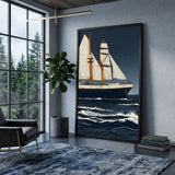 Sailing Ship Vintage Coastal Wall Art – Stormy Navy Ocean Illustration