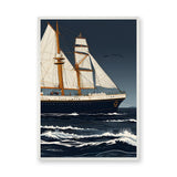 Sailing Ship Vintage Coastal Wall Art – Stormy Navy Ocean Illustration