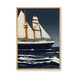 Sailing Ship Vintage Coastal Wall Art – Stormy Navy Ocean Illustration