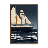 Sailing Ship Vintage Coastal Wall Art – Stormy Navy Ocean Illustration