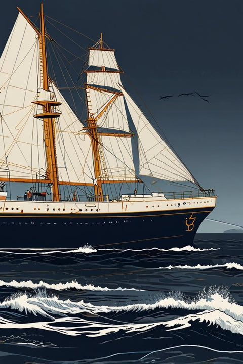 Sailing Ship Vintage Coastal Wall Art – Stormy Navy Ocean Illustration