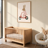 Scooter Bunny Kids Wall Art – Rabbit in Pajamas on Red Scooter
