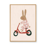 Scooter Bunny Kids Wall Art – Rabbit in Pajamas on Red Scooter