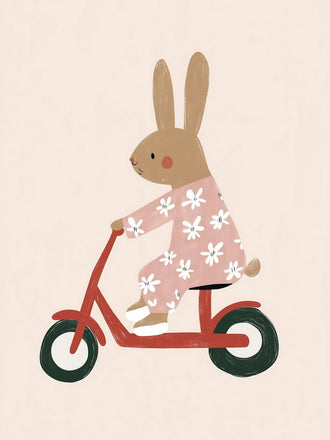 Scooter Bunny Kids Wall Art – Rabbit in Pajamas on Red Scooter