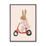 Scooter Bunny Kids Wall Art – Rabbit in Pajamas on Red Scooter