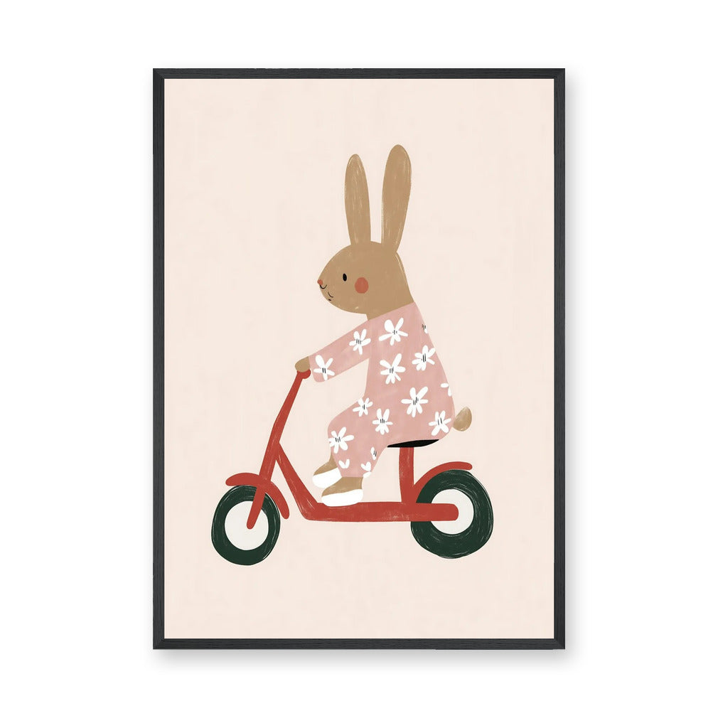 Scooter Bunny Kids Wall Art – Rabbit in Pajamas on Red Scooter