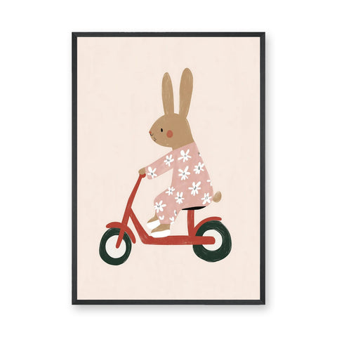 Scooter Bunny Kids Wall Art – Rabbit in Pajamas on Red Scooter