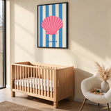 Seashell Coastal Wall Art – Pink Summer Shell on Blue Stripes