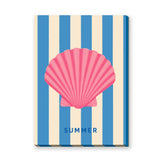 Seashell Coastal Wall Art – Pink Summer Shell on Blue Stripes