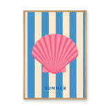 Seashell Coastal Wall Art – Pink Summer Shell on Blue Stripes
