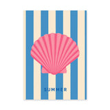 Seashell Coastal Wall Art – Pink Summer Shell on Blue Stripes