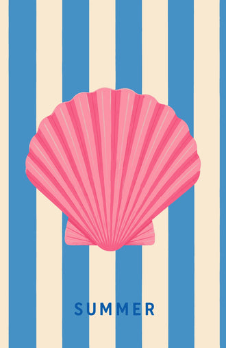 Seashell Coastal Wall Art – Pink Summer Shell on Blue Stripes