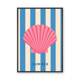 Seashell Coastal Wall Art – Pink Summer Shell on Blue Stripes