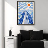 Seaside Jetty Coastal Wall Art – Blue Ocean Pier with Orange Sun