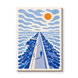Seaside Jetty Coastal Wall Art – Blue Ocean Pier with Orange Sun