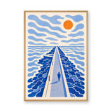 Seaside Jetty Coastal Wall Art – Blue Ocean Pier with Orange Sun