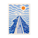 Seaside Jetty Coastal Wall Art – Blue Ocean Pier with Orange Sun