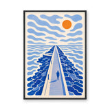 Seaside Jetty Coastal Wall Art – Blue Ocean Pier with Orange Sun