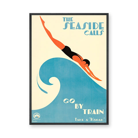 Seaside Travel Vintage Wall Art – Art Deco Diver Over Blue Wave