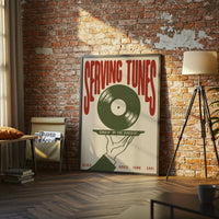 Serving Tunes Music Illustration | Retro Vinyl Record Art | Mid Century Disco and House Wall Poster for Bar Decor