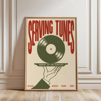 Serving Tunes Music Illustration | Retro Vinyl Record Art | Mid Century Disco and House Wall Poster for Bar Decor
