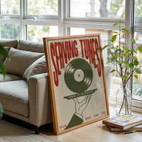 Serving Tunes Music Illustration | Retro Vinyl Record Art | Mid Century Disco and House Wall Poster for Bar Decor