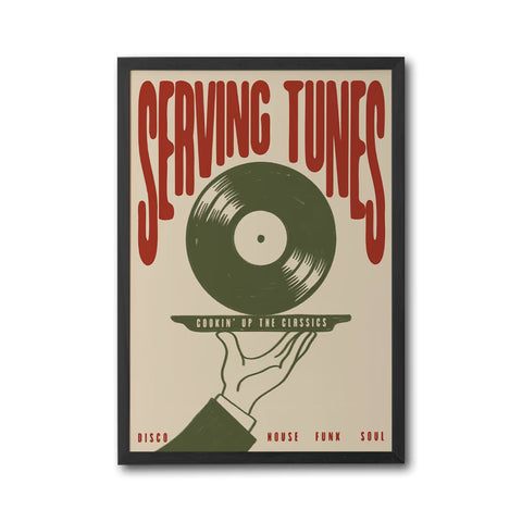 Serving Tunes Music Illustration | Retro Vinyl Record Art | Mid Century Disco and House Wall Poster for Bar Decor