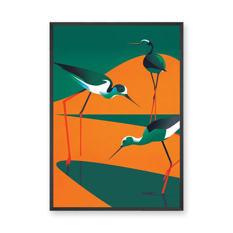Shorebirds Modern Geometric Wall Art – Teal Orange Wading Bird Print