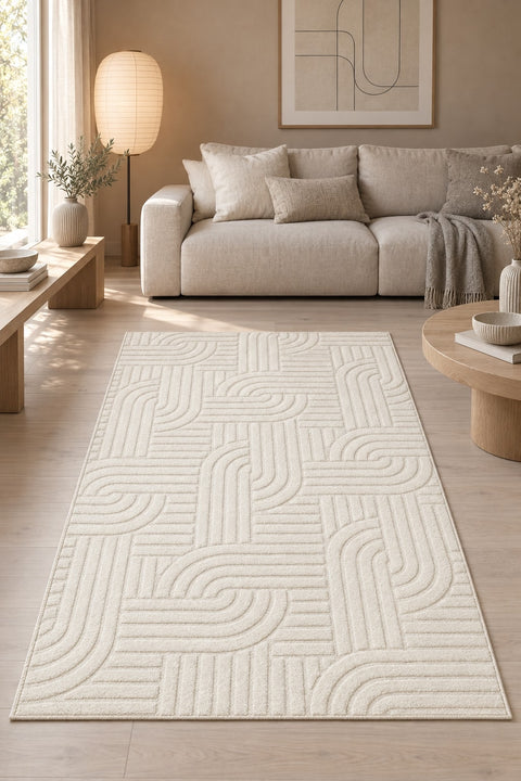 Siena Modern Plush Area Rug – Ecru in a living room