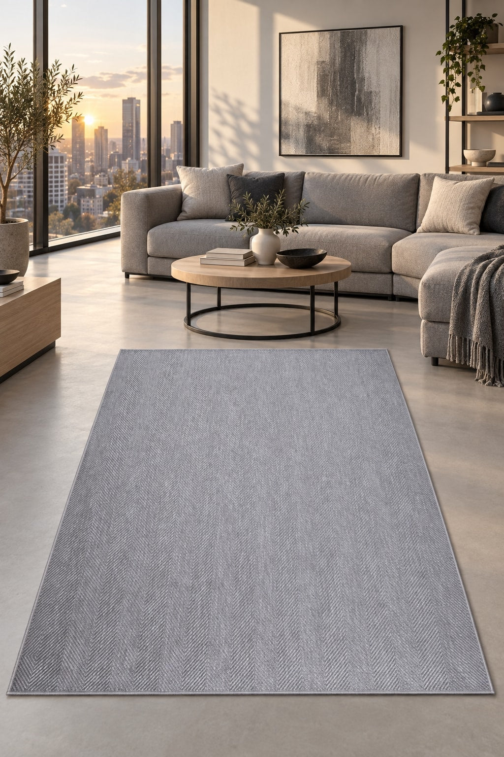 Sisal Look Modern Kitchen Rug – Gray in a living room