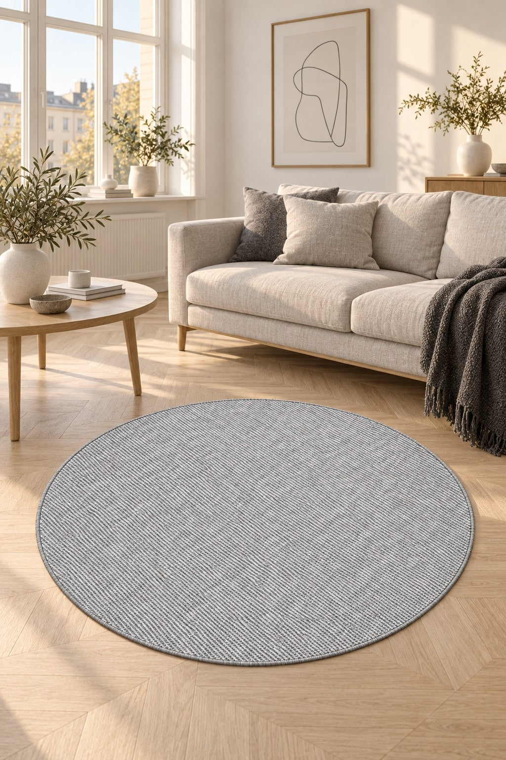 Sisal Look Scandinavian Area Rug – Gray in a living room