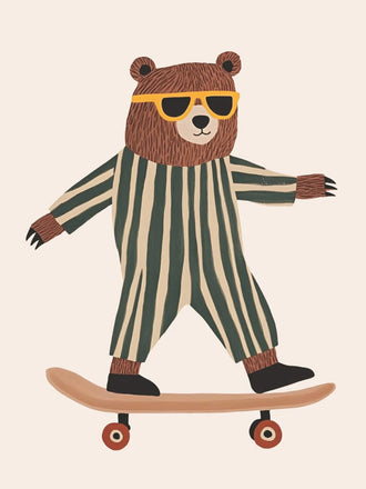 Skateboarding Bear Kids Wall Art – Cute Nursery Animal Print
