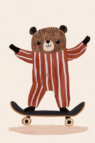 Skateboarding Bear Kids Wall Art – Cute Nursery Skateboard Print