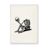 Skeleton Holding Skull Line Art Wall Art – Cream Surreal Skull Illustration