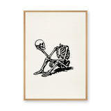 Skeleton Holding Skull Line Art Wall Art – Cream Surreal Skull Illustration