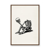 Skeleton Holding Skull Line Art Wall Art – Cream Surreal Skull Illustration