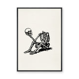 Skeleton Holding Skull Line Art Wall Art – Cream Surreal Skull Illustration