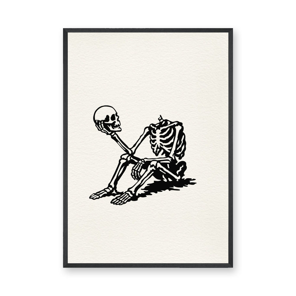 Skeleton Holding Skull Line Art Wall Art – Cream Surreal Skull Illustration