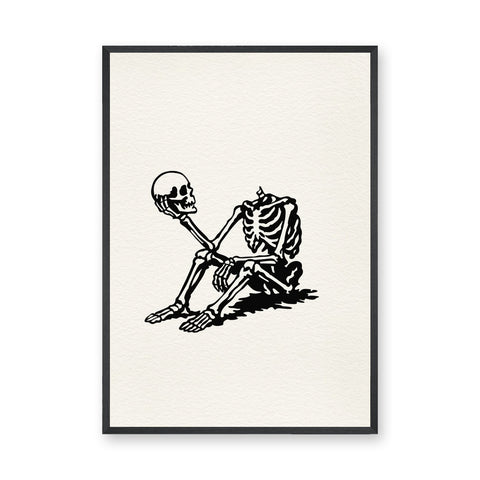 Skeleton Holding Skull Line Art Wall Art – Cream Surreal Skull Illustration